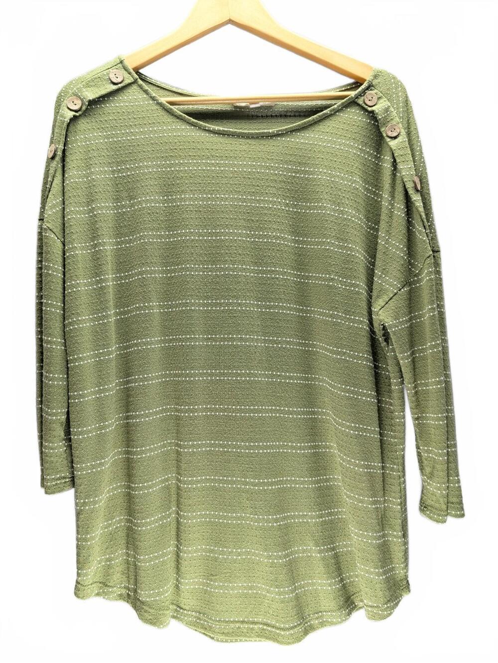 Above and Beyond Women's 2X Olive Green Striped Button-Trim